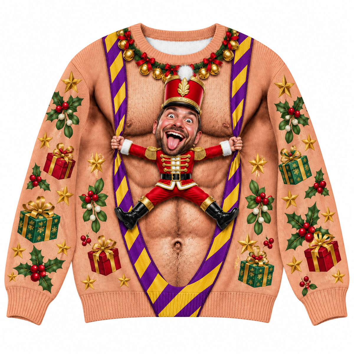 Ugly Christmas Sweatshirt Faux Hairy Chest Candy Cane Suspenders
