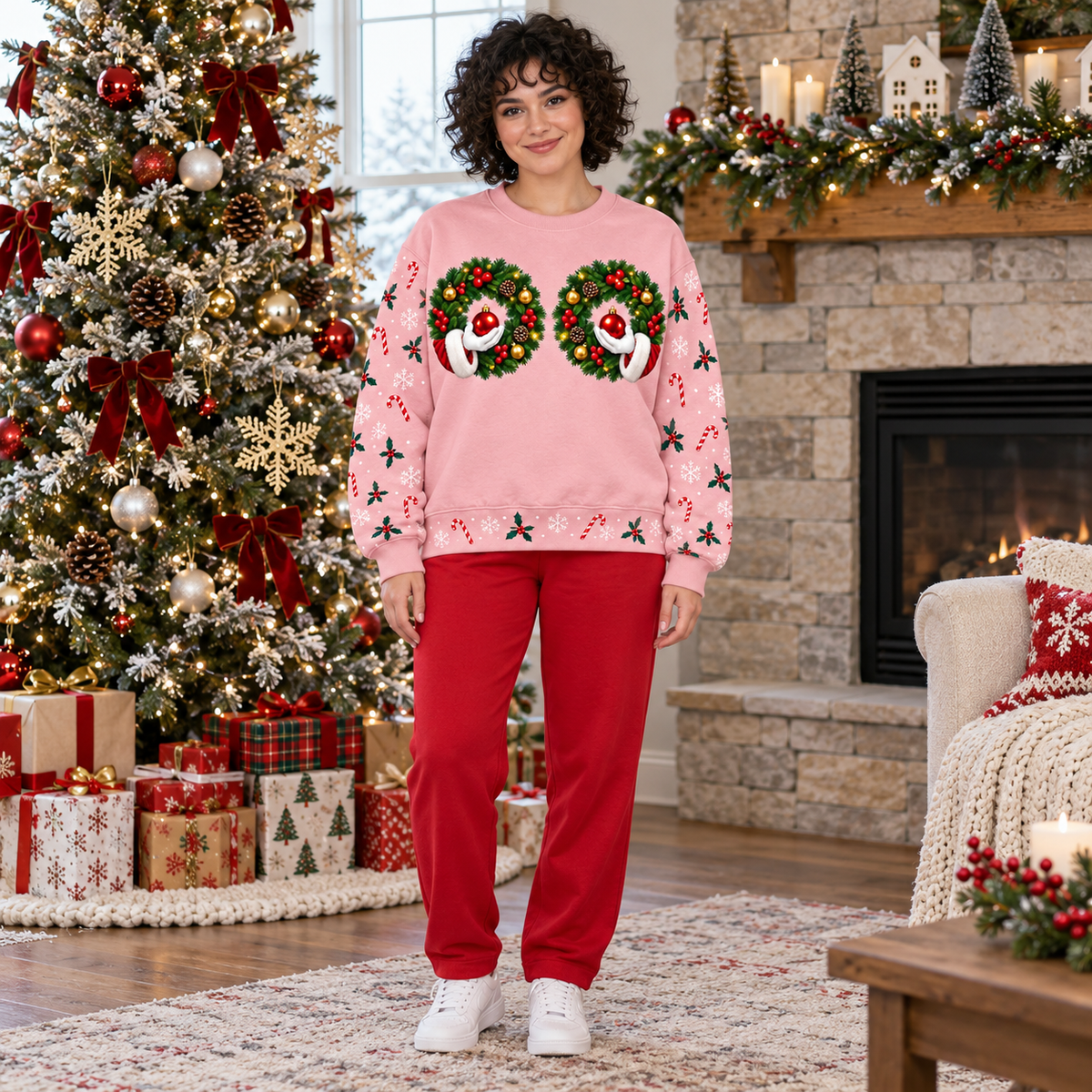 Christmas Sweatshirt with Funny Wreath Ornaments Holiday Crewneck