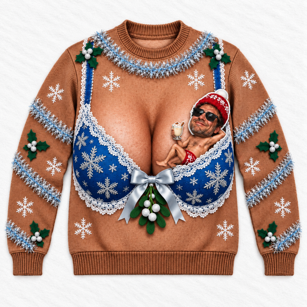 Funny Christmas Sweatshirt, Brown Novelty Plaid Bra Graphic Crewneck