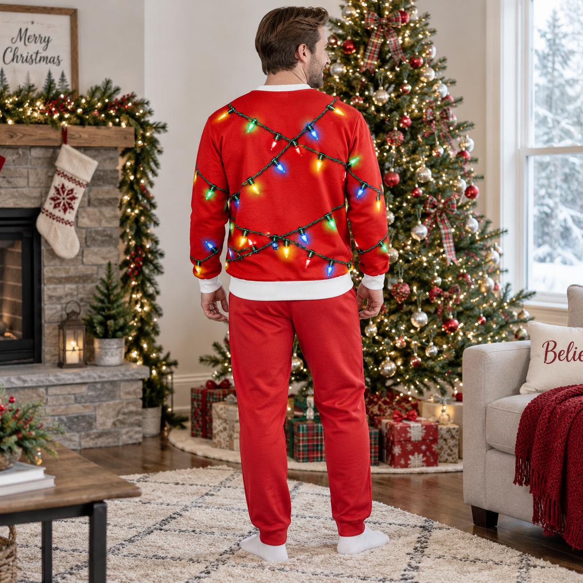 Ugly Christmas Sweatshirt Funny Hairy Belly String Lights Pullover