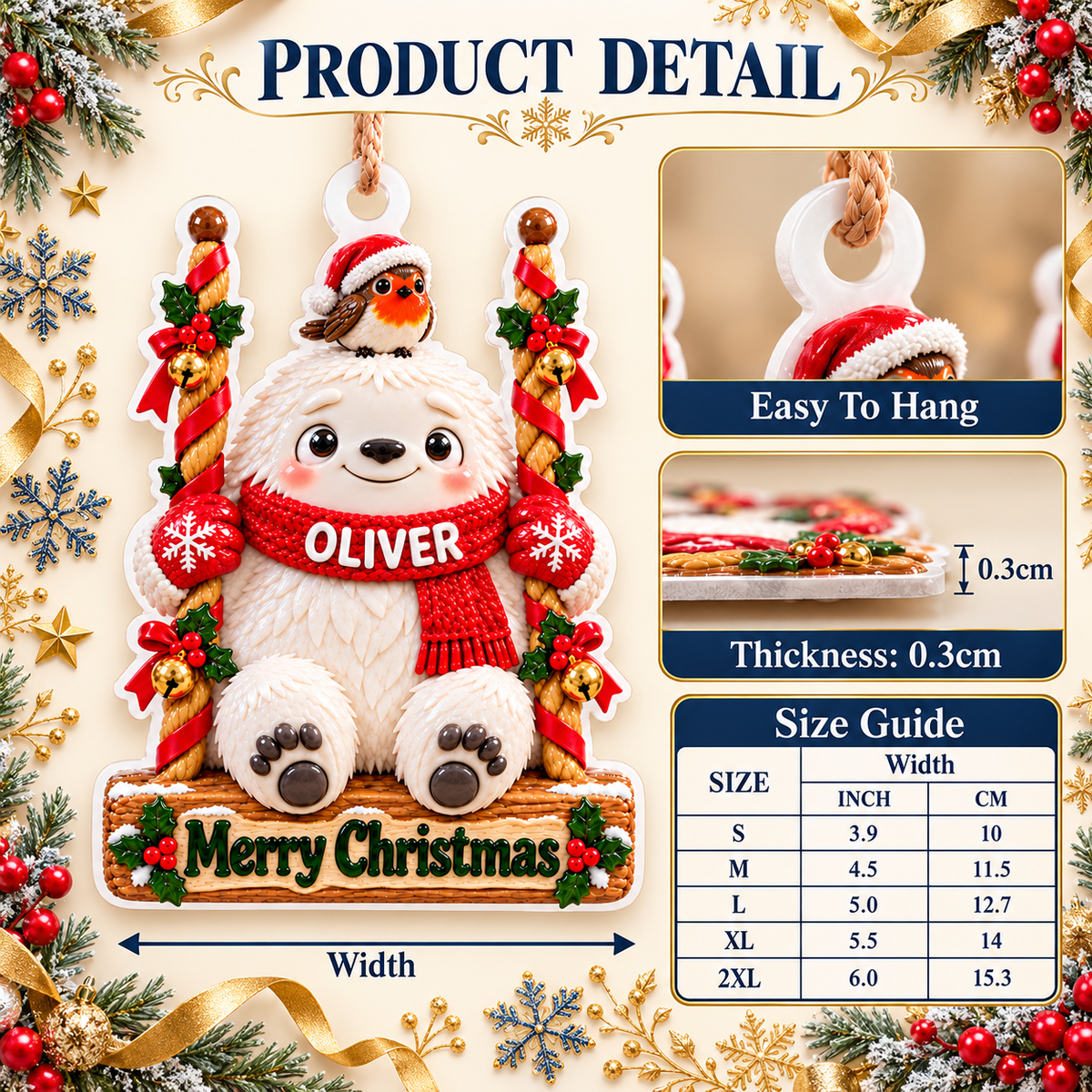 Winter Yeti on Swing with Robin and Holly Christmas Tree Hanging Keepsake - 3D Relief Ornament