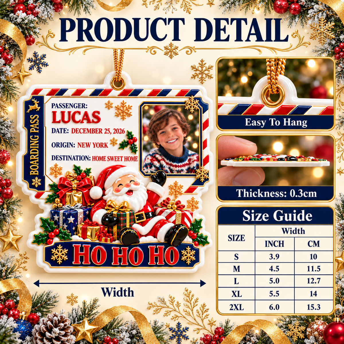 Santa Claus Boarding Pass Photo Frame Christmas Holiday Keepsake - 3D Relief Ornament