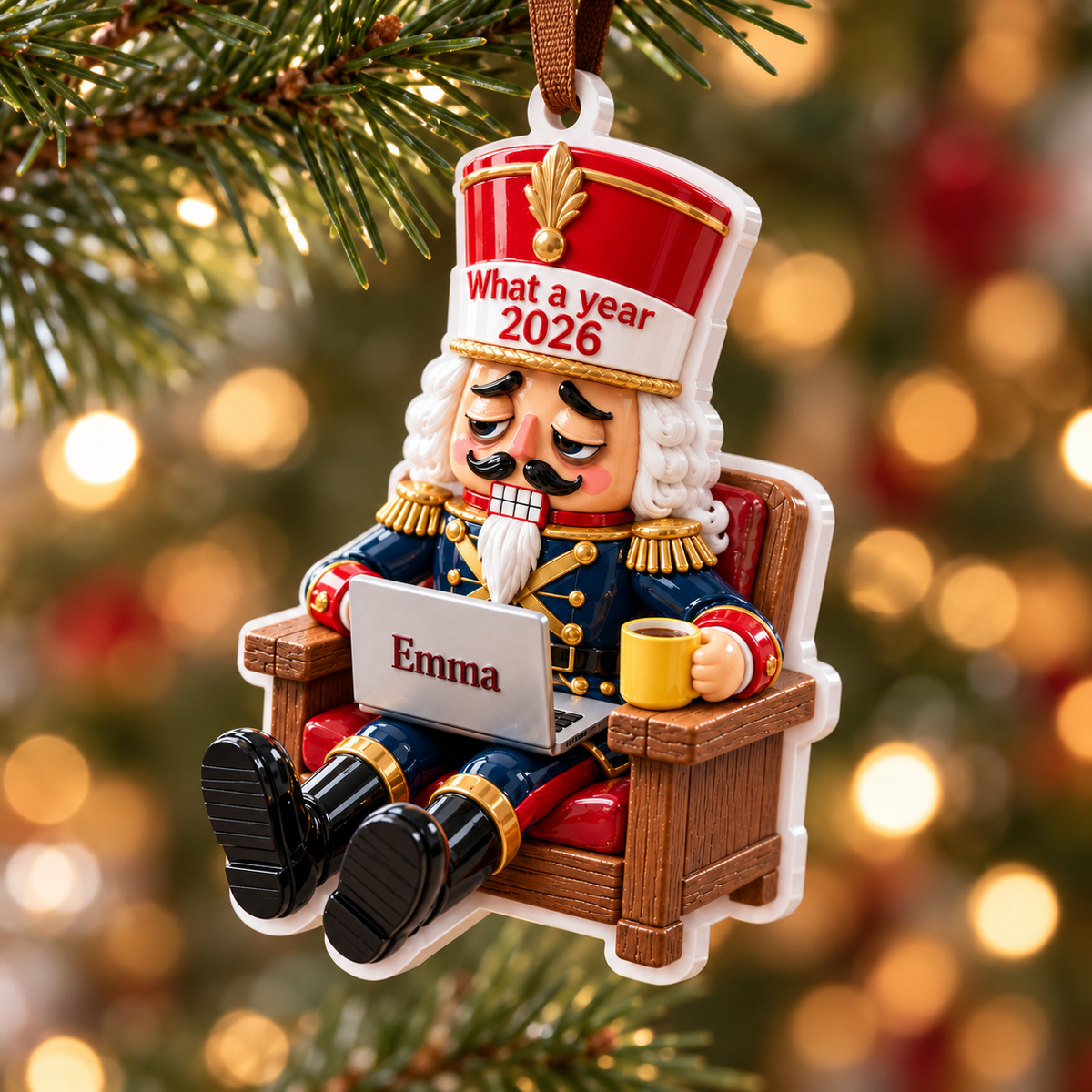 Tired Nutcracker Working from Home in Armchair Acrylic Christmas Tree Hanging Decor - 3D Relief Ornament