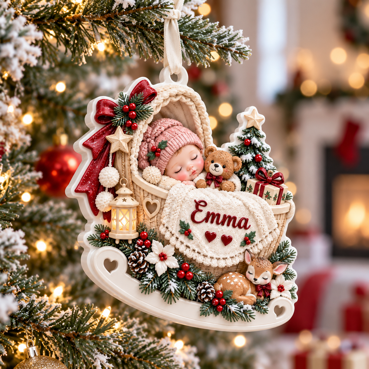 Sleeping Baby in Rocking Cradle with Woodland Fawn and Pine Accents ...