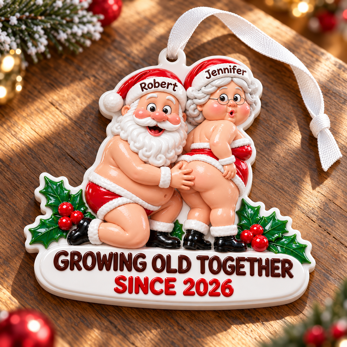 Novelty Santa Couple Christmas Tree Hanging Keepsake, Red and White Festive Plaque - 3D Relief Ornament