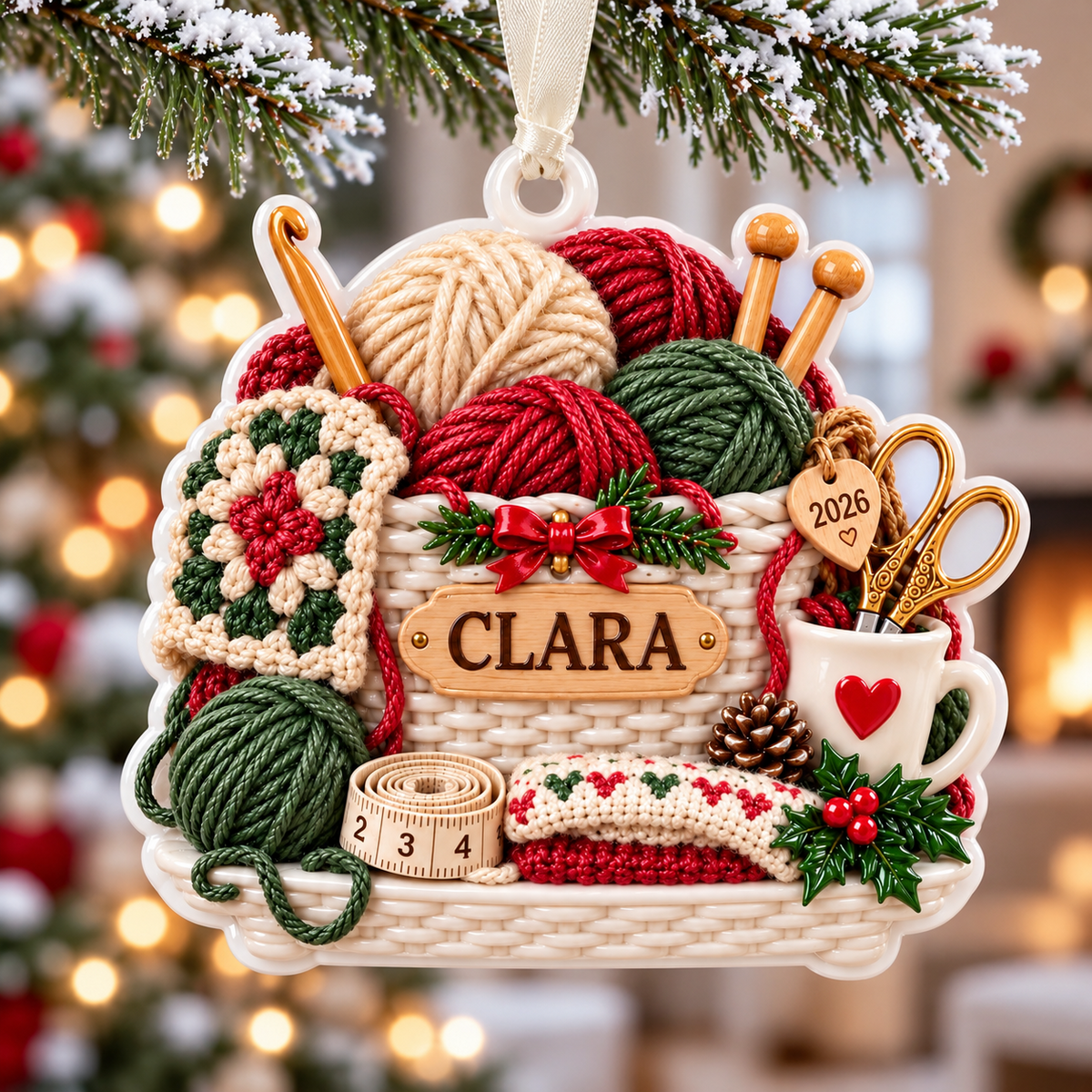 Crochet and Knitting Basket Yarn Balls Holiday Keepsake - 3D Relief Ornament
