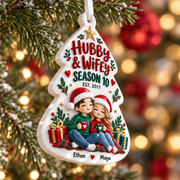 White Hubby and Wifey Christmas Tree Shaped Couple Holiday Keepsake - 3D Relief Ornament