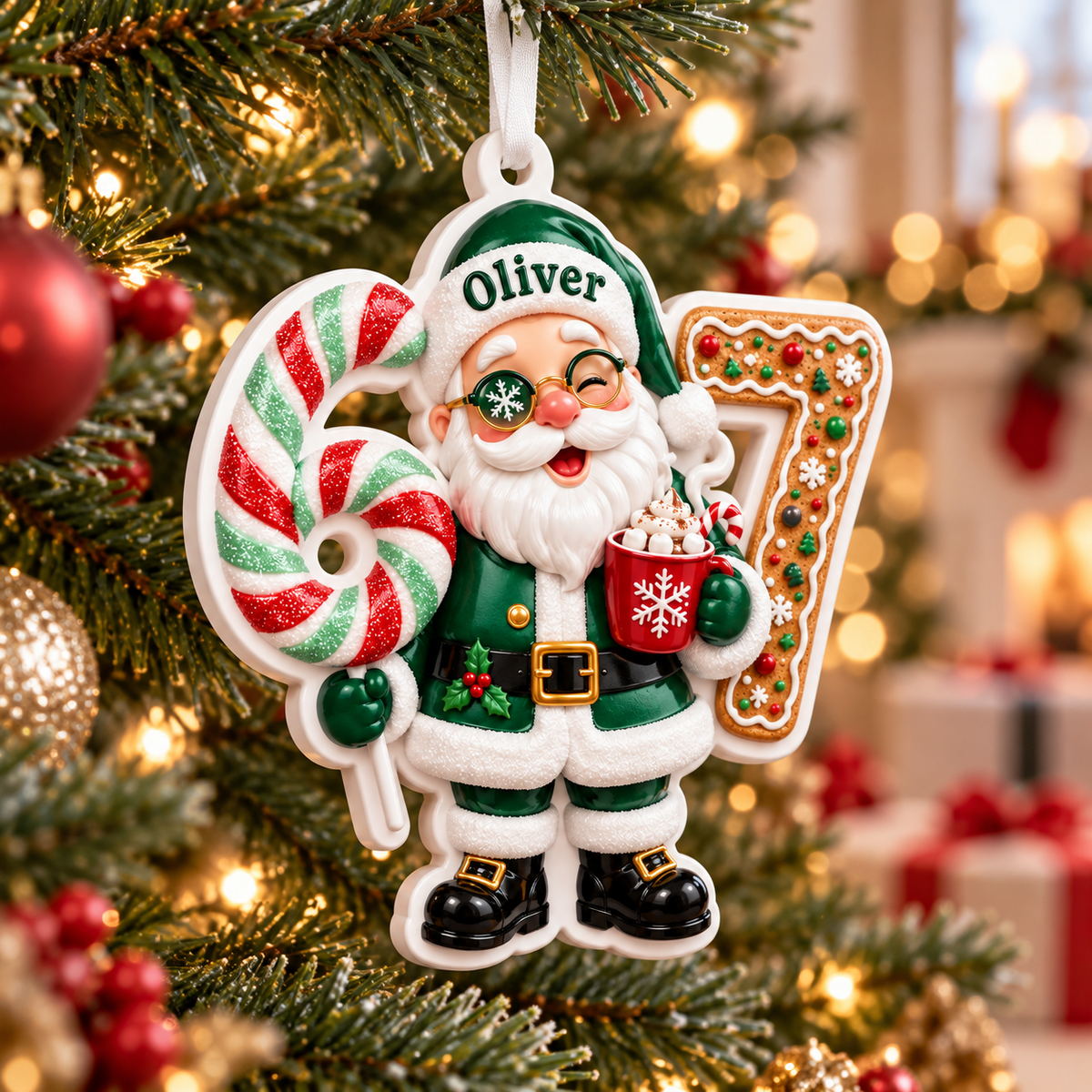 Green Santa Claus Number 67 Acrylic Christmas Tree Decoration - 3D Relief Ornament
