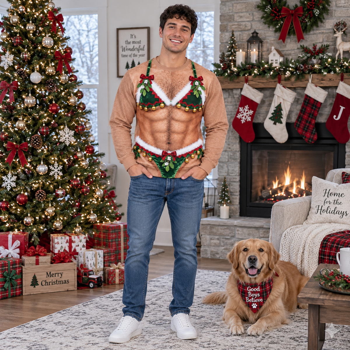 Hairy Chest Christmas Sweatshirt Fake Abs Novelty Holiday Pullover