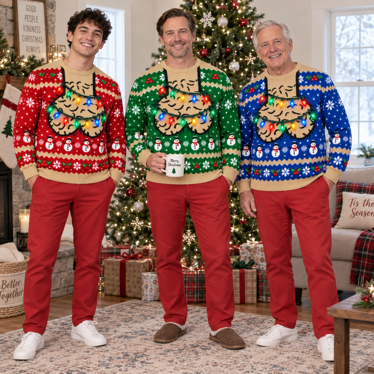 Funny Christmas Sweatshirt with Hairy Jingle Balls String Lights