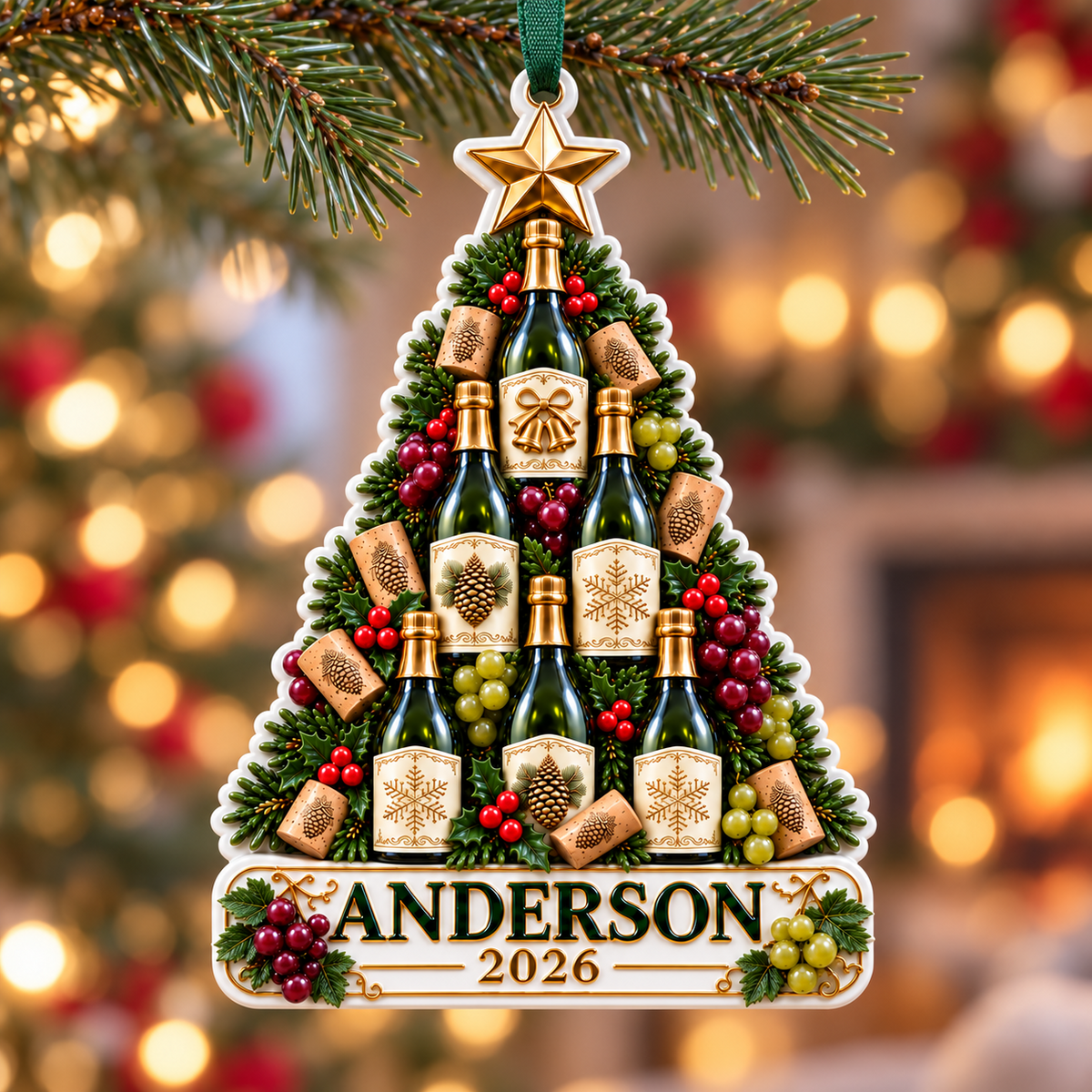 Champagne Wine Bottle Christmas Tree Plaque - 3D Relief Ornament