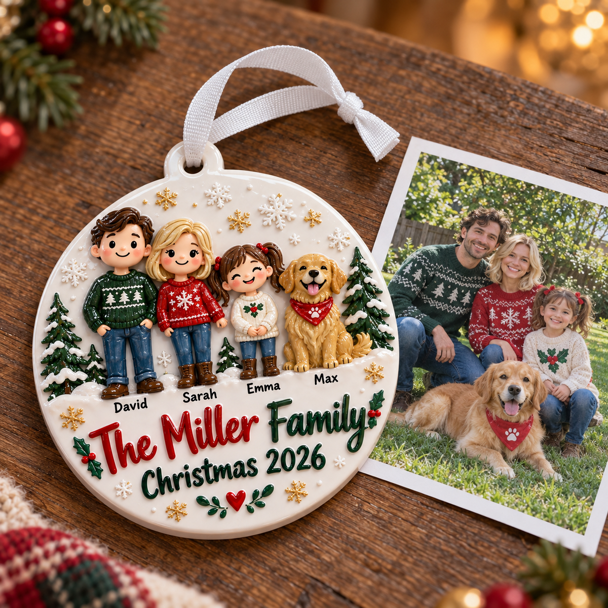 Family of Three with Dog Ceramic Round Holiday Keepsake - 3D Relief Ornament