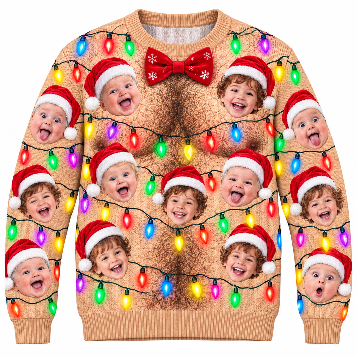 Christmas Sweatshirt, Funny Hairy Chest Holiday Lights Crewneck Top