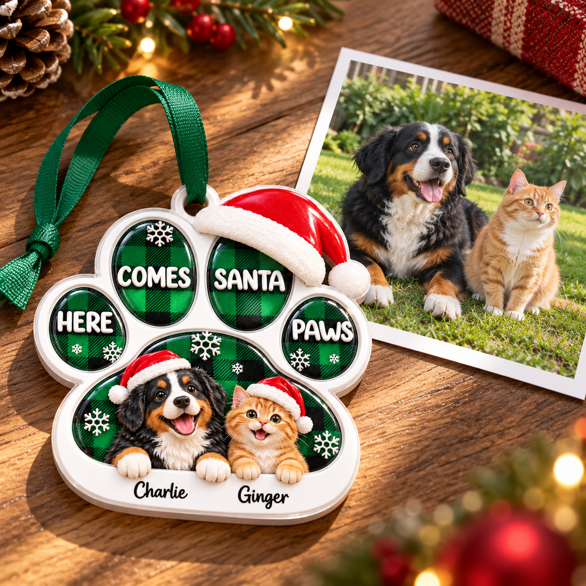 Paw Shape Christmas Tree Hanging Decoration with Dog and Cat Green Plaid - 3D Relief Ornament