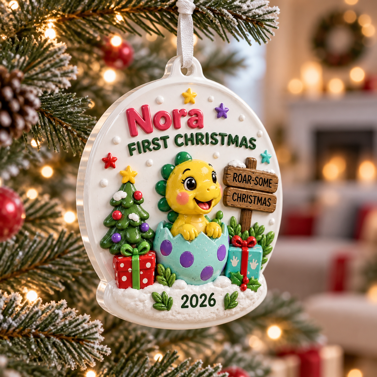 Baby Dinosaur Hatching Egg First Christmas Oval Holiday Keepsake - 3D Relief Ornament
