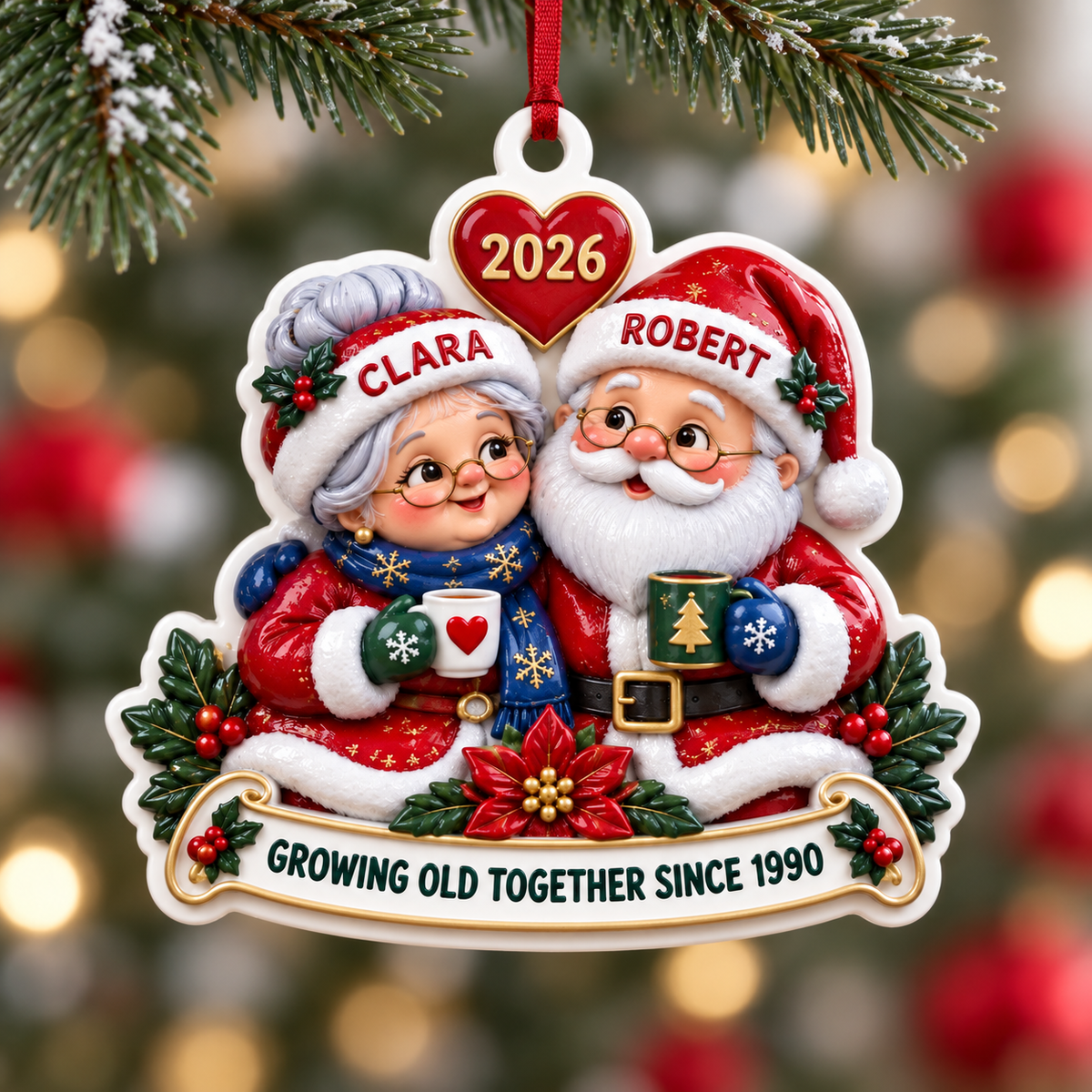 Santa and Mrs Claus Couple Christmas Tree Decoration, Holiday Keepsake - 3D Relief Ornament