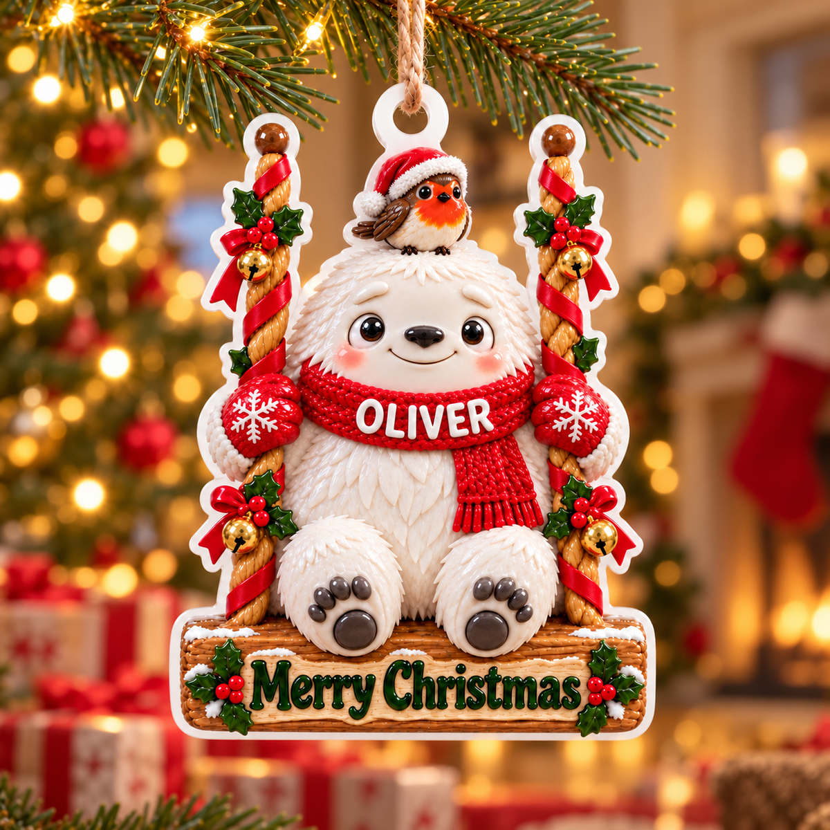 Winter Yeti on Swing with Robin and Holly Christmas Tree Hanging Keepsake - 3D Relief Ornament