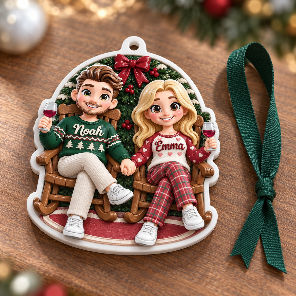Couple in Rocking Chairs Christmas Tree Hanging Decor with Wine and Wreath - 3D Relief Ornament