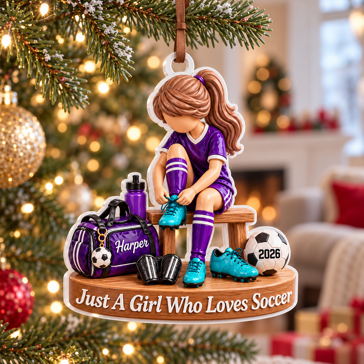 Girl Soccer Player Locker Room Bench Acrylic Hanging Holiday Keepsake - 3D Relief Ornament