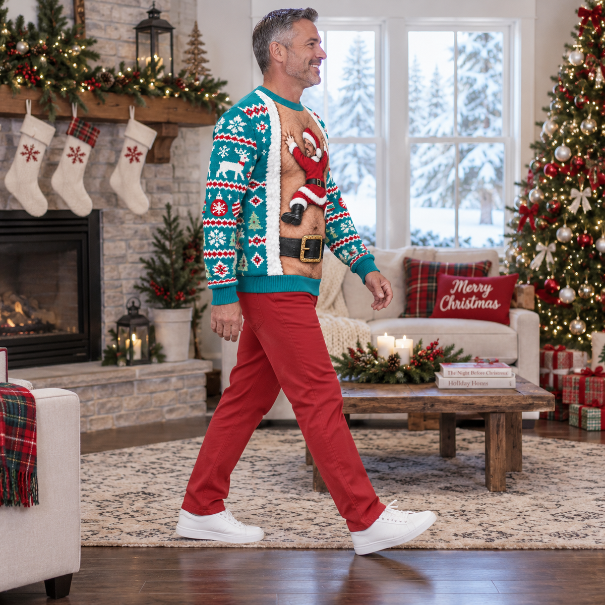 Funny Christmas Sweatshirt Hairy Chest Santa Faux Cardigan Crewneck