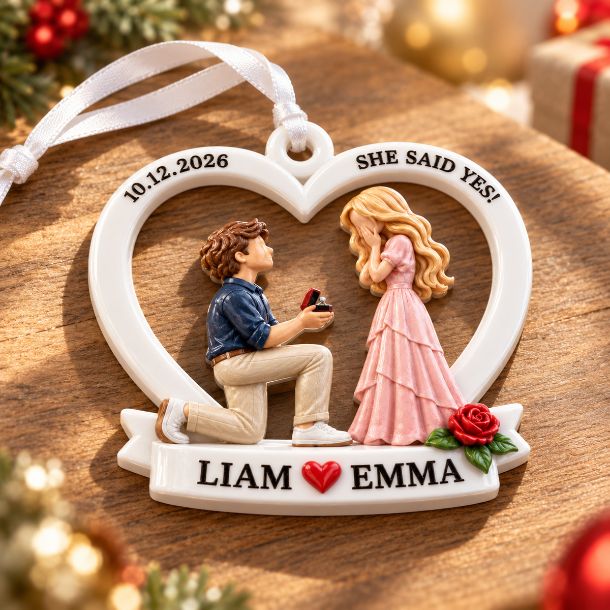 She Said Yes Engagement Heart Frame, White Ceramic Style with Red Rose - 3D Relief Ornament