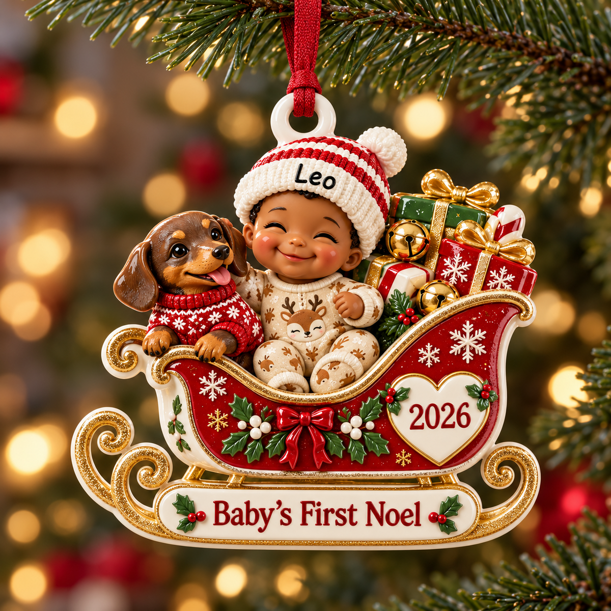 Baby's First Noel Christmas Sleigh with Dachshund Dog Keepsake - 3D Relief Ornament