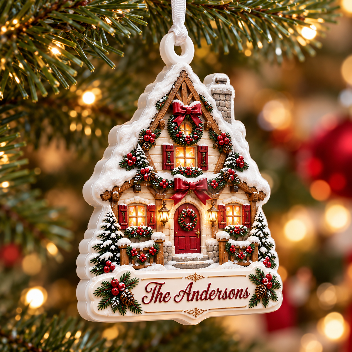 Winter Cottage House Plaque Holiday Tree Hanging Accent - 3D Relief Ornament