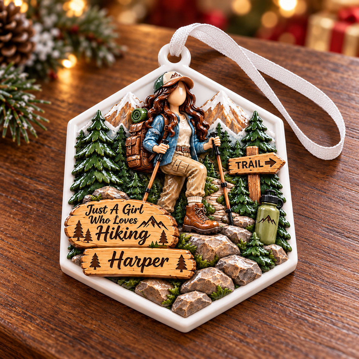Hiking Girl Mountain Trail Hexagon Holiday Keepsake - 3D Relief Ornament