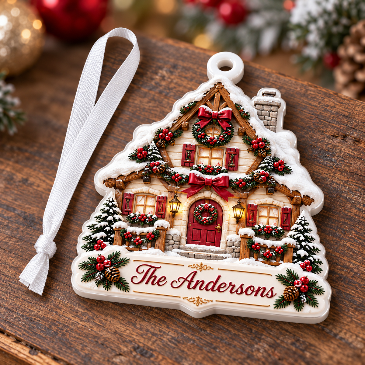Winter Cottage House Plaque Holiday Tree Hanging Accent - 3D Relief Ornament