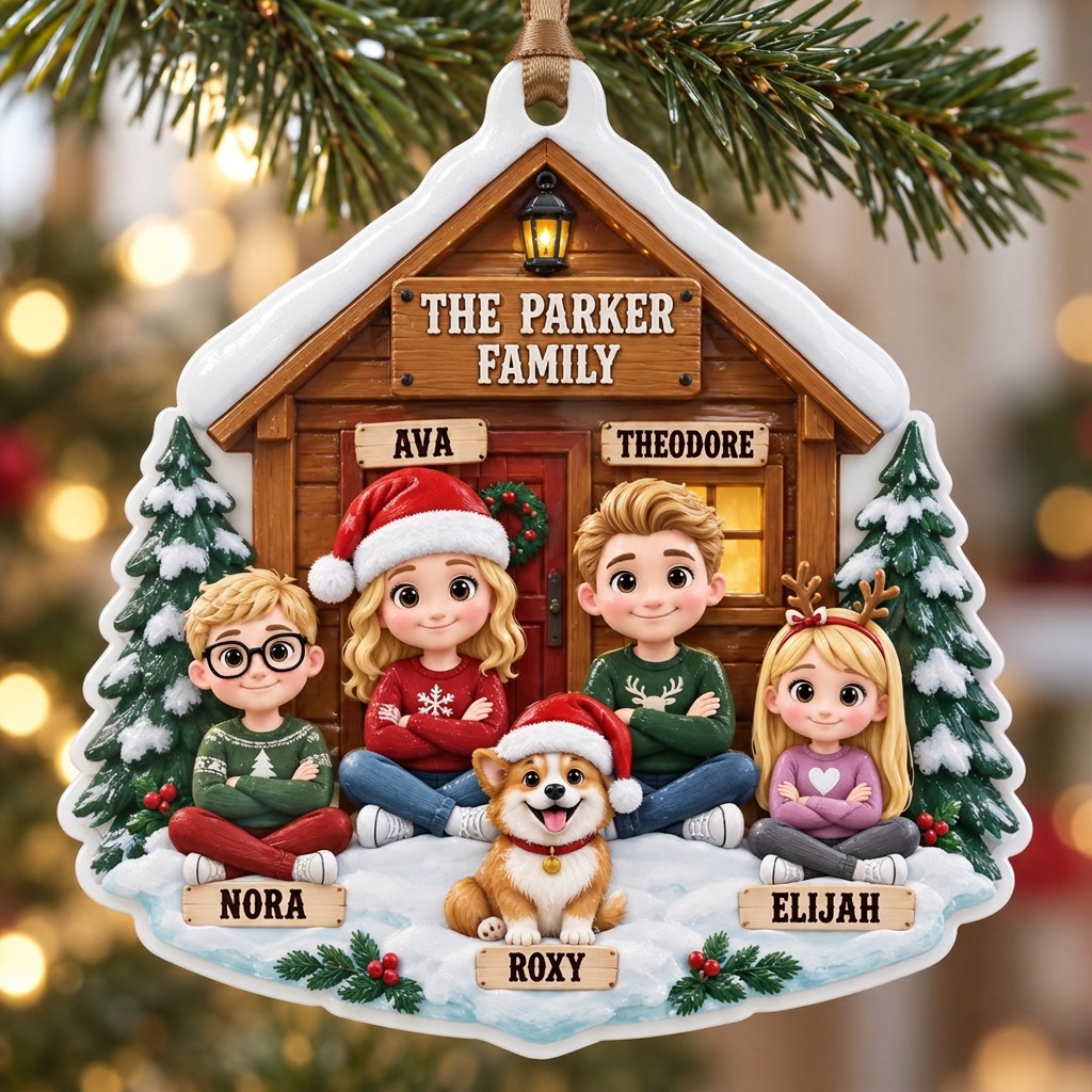 Family and Pet Dog Winter Log Cabin Christmas Tree Hanging Keepsake - 3D Relief Ornament