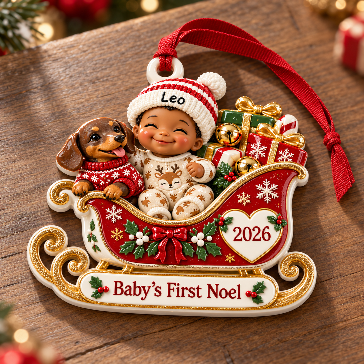 Baby's First Noel Christmas Sleigh with Dachshund Dog Keepsake - 3D Relief Ornament