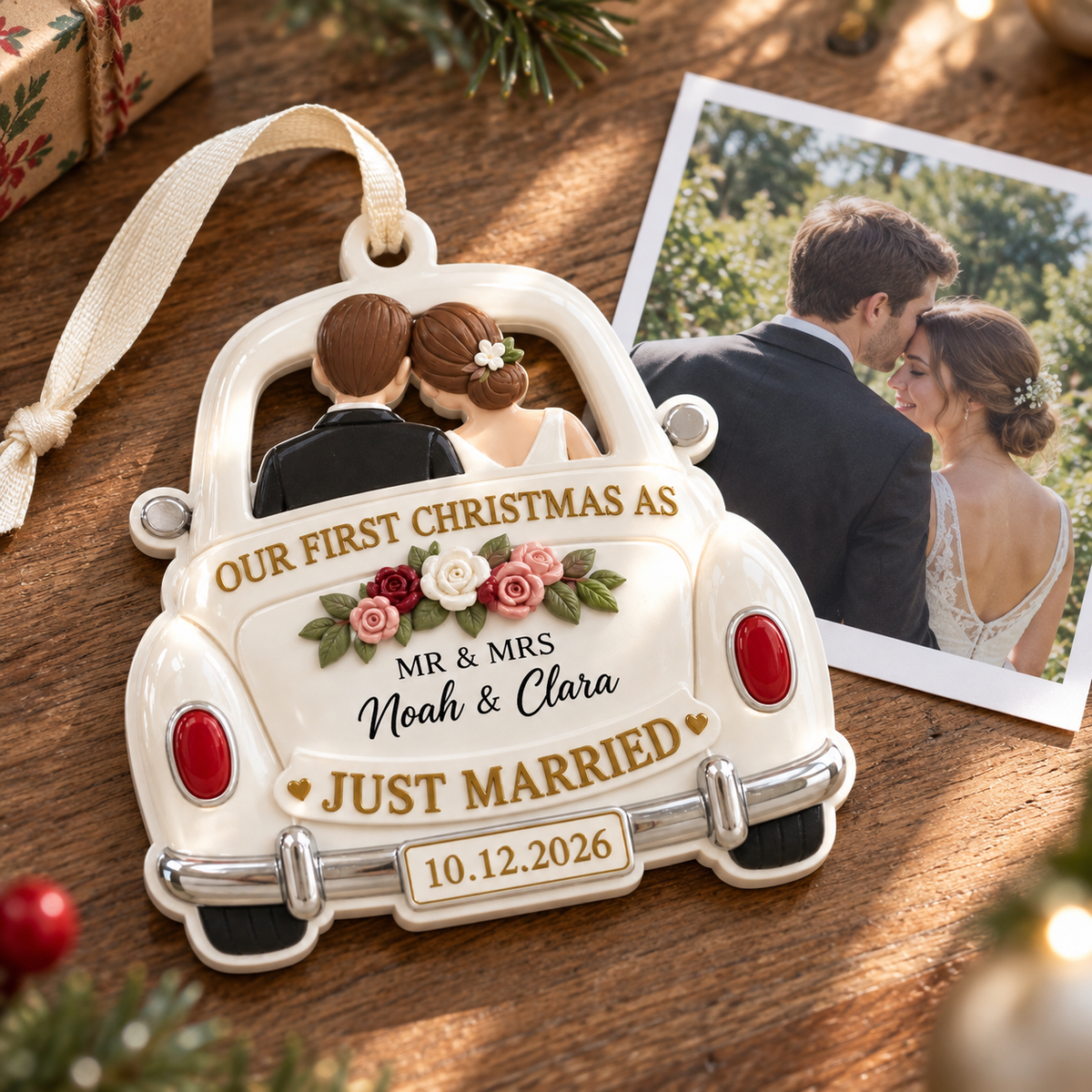 Just Married Vintage Getaway Car First Christmas Newlywed Couple Holiday Keepsake - 3D Relief Ornament