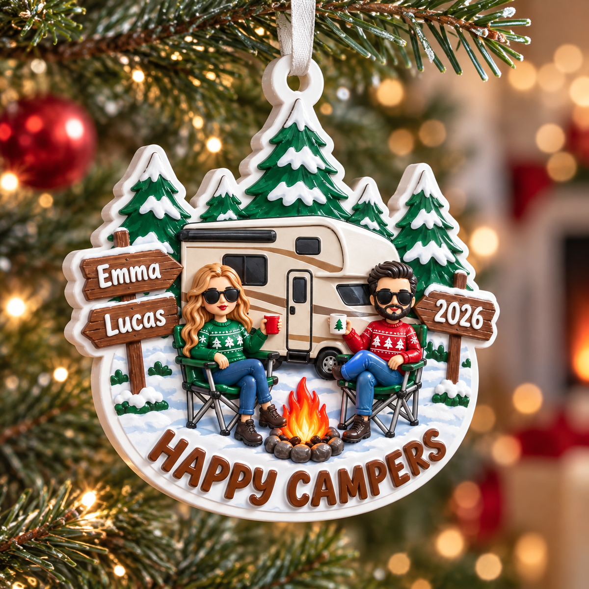 Holiday Tree Hanging RV Couple Campfire Winter Pine Forest Decor - 3D Relief Ornament