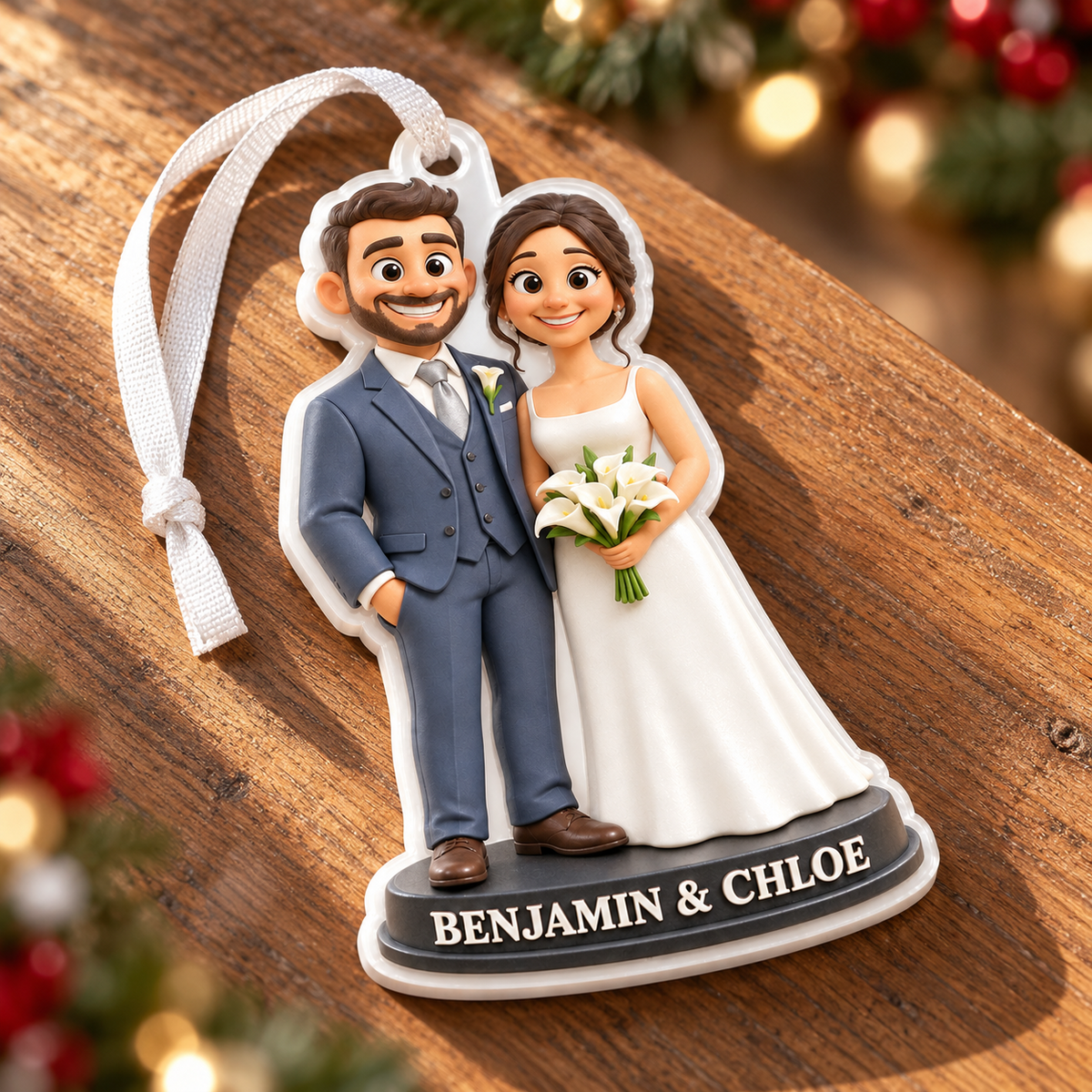 Bride and Groom Wedding Couple Acrylic Hanging Holiday Keepsake - 3D Relief Ornament
