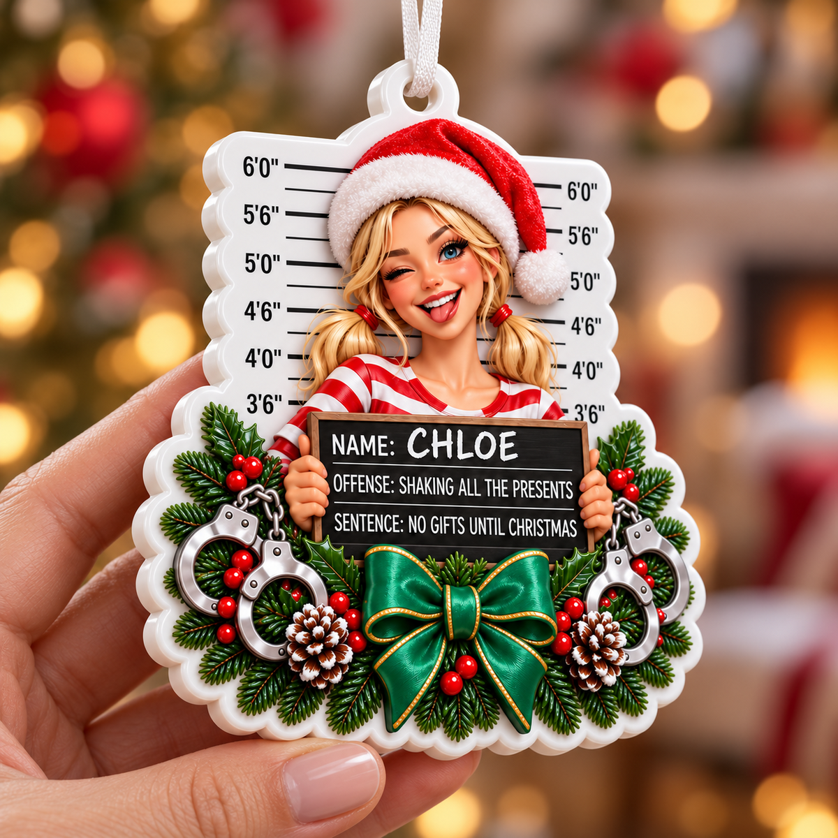 Funny Christmas Mugshot Blonde Girl Holiday Tree Decoration - 3D Relief Ornament