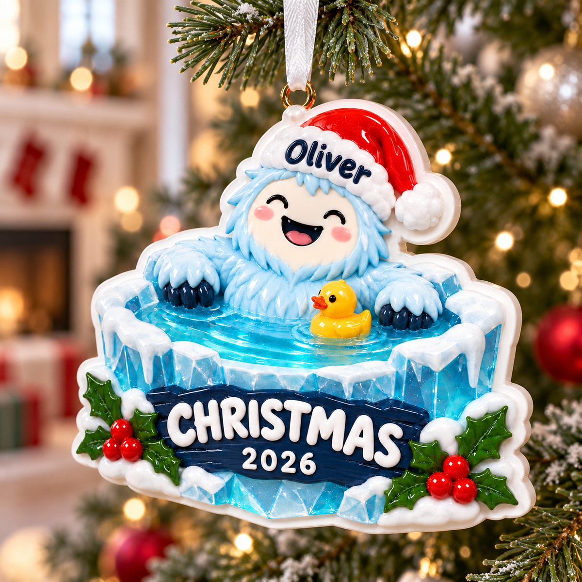 Cartoon Yeti in Ice Bath with Rubber Duck Holiday Keepsake - 3D Relief Ornament