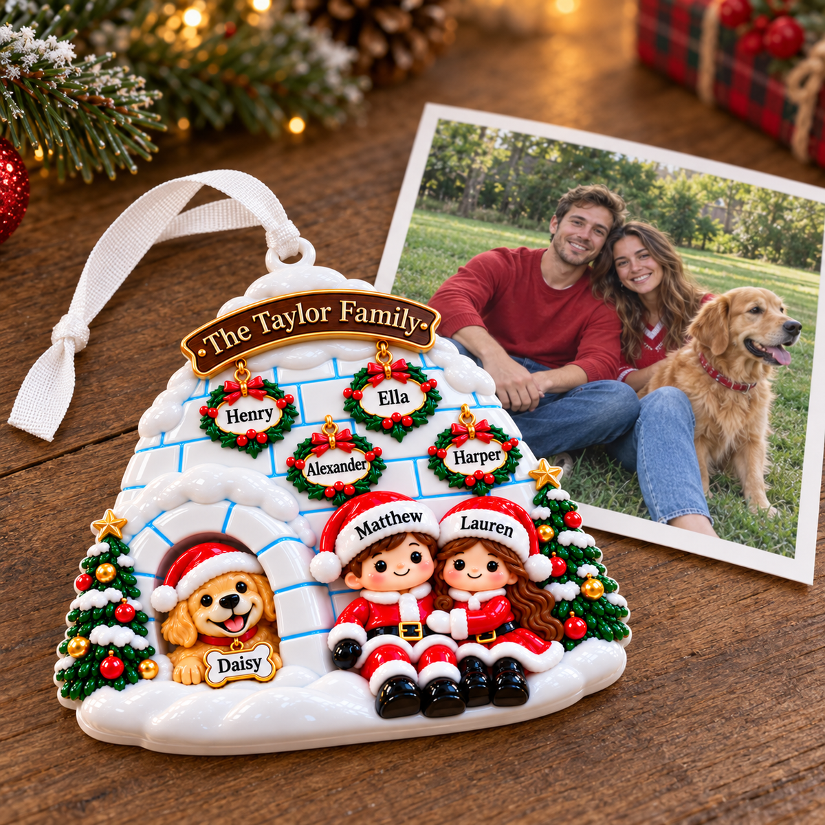 Winter Igloo Family of 6 with Dog Hanging Holiday Keepsake - 3D Relief Ornament