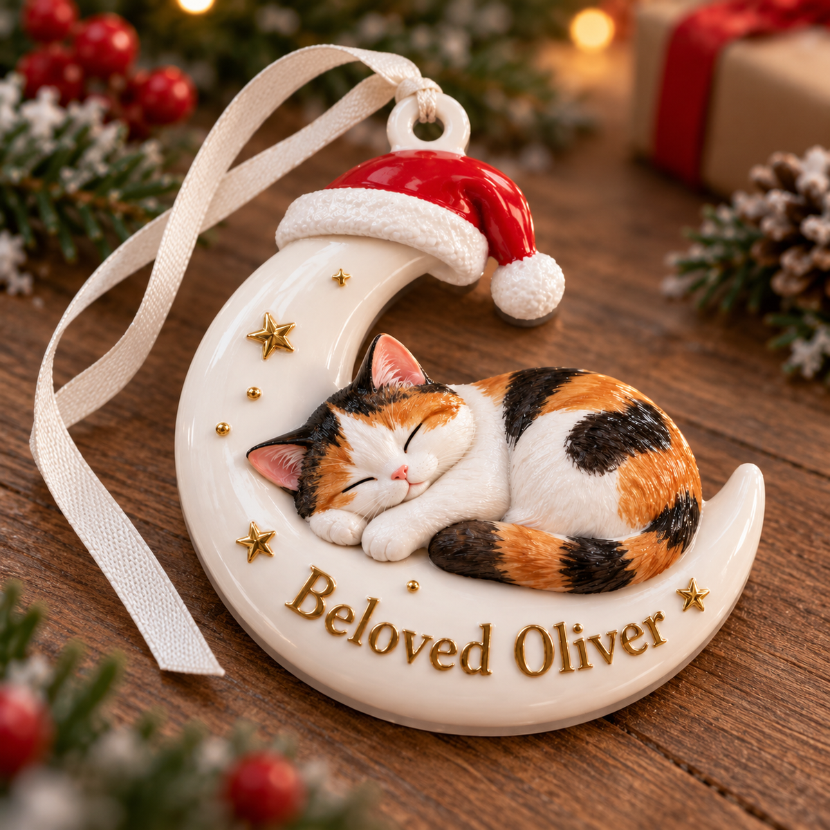 Sleeping Calico Cat on Crescent Moon with Santa Hat Holiday Keepsake - 3D Relief Ornament
