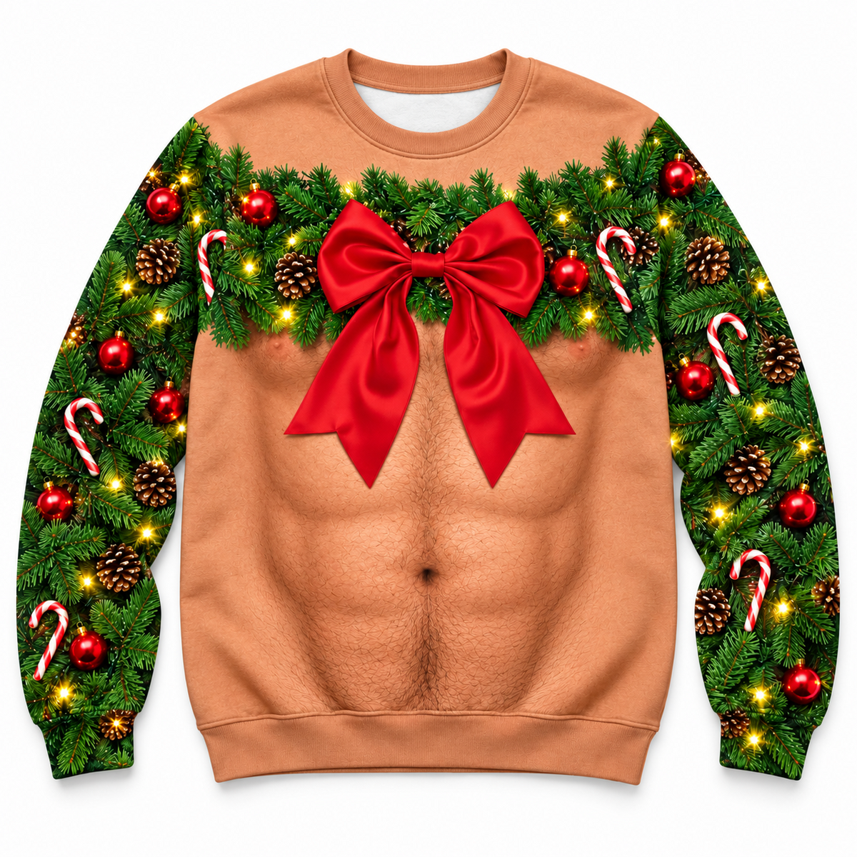 Christmas Sweatshirt Funny Bare Torso Garland Bow Holiday Pullover