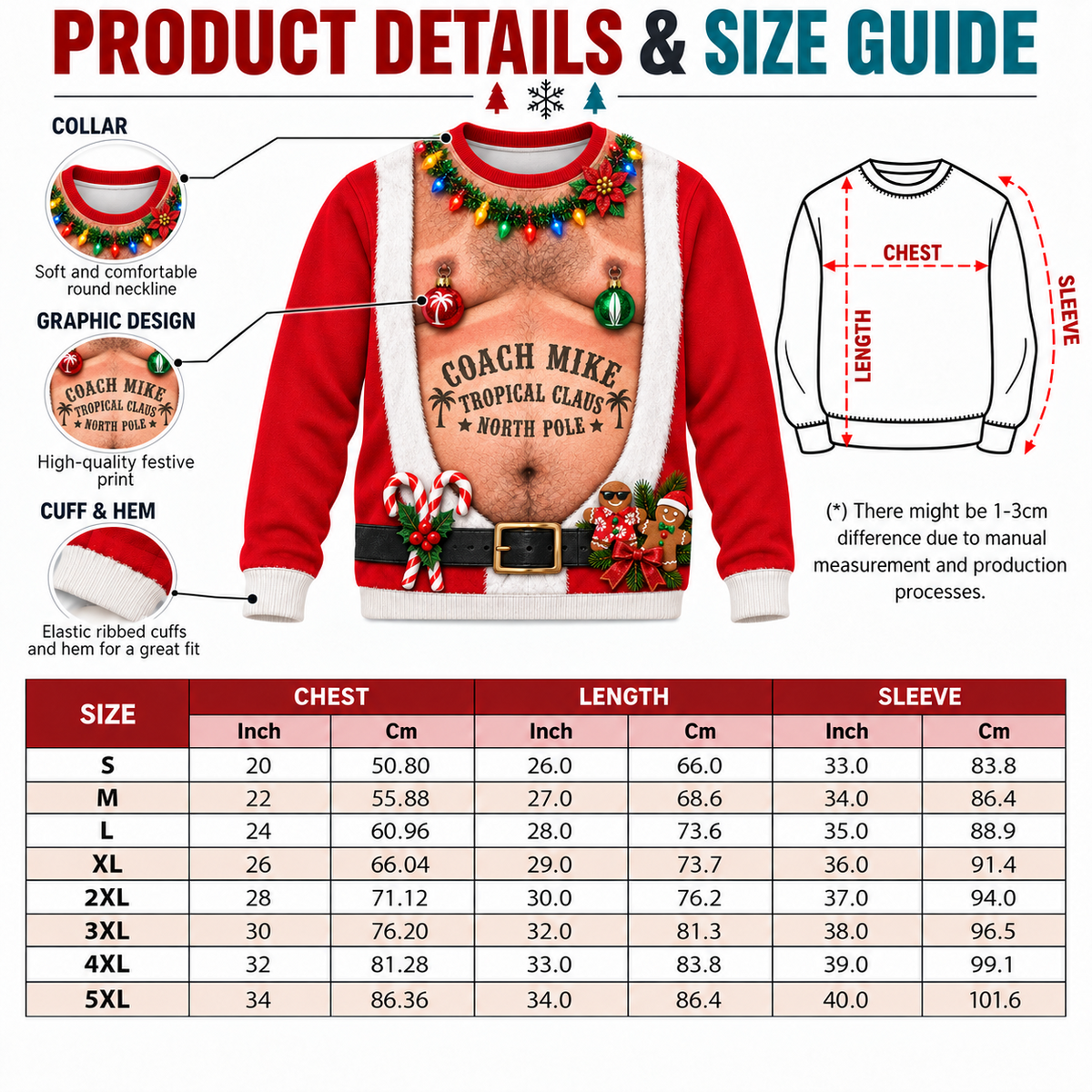 Funny Christmas Sweatshirt Hairy Chest Graphic Long Sleeve Crewneck