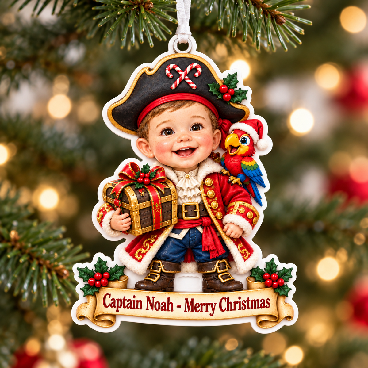 Little Pirate Boy with Parrot and Treasure Chest Acrylic Hanging Holiday - 3D Relief Ornament