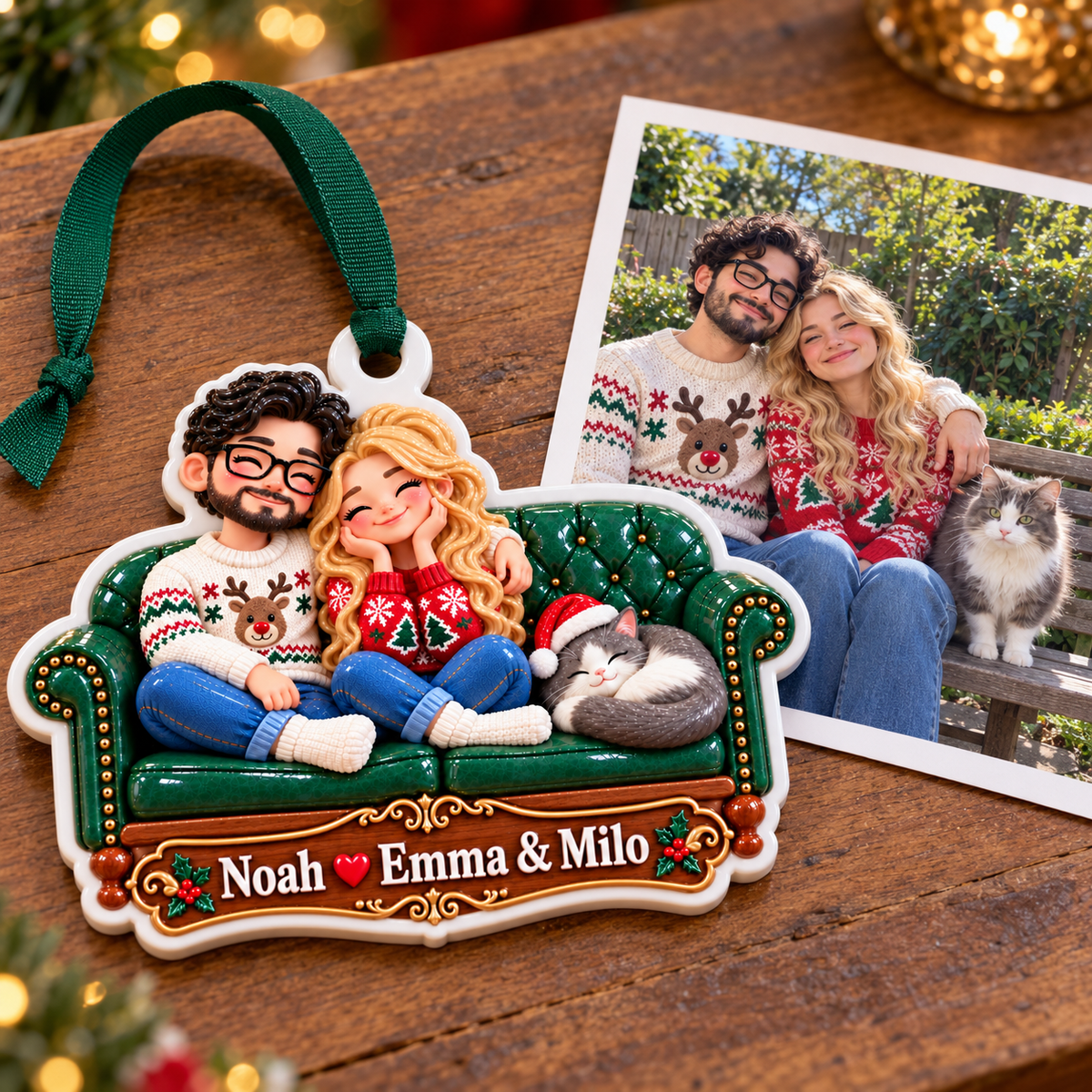 Couple with Cat on Green Tufted Sofa Acrylic Christmas Tree Hanging Decor - 3D Relief Ornament