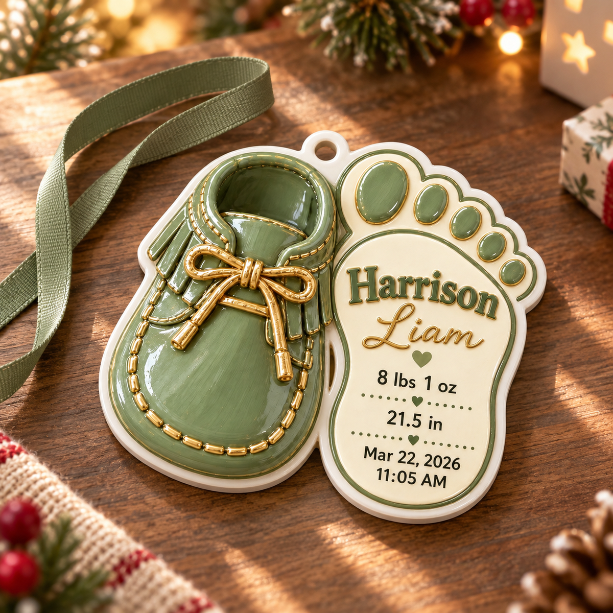 Baby Bootie Shoe and Footprint Birth Announcement Keepsake, Sage Green Holiday Decor - 3D Relief Ornament