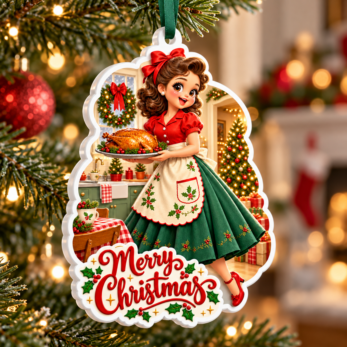 Retro Holiday Homemaker with Roast Turkey Acrylic Holiday Keepsake - 3D Relief Ornament