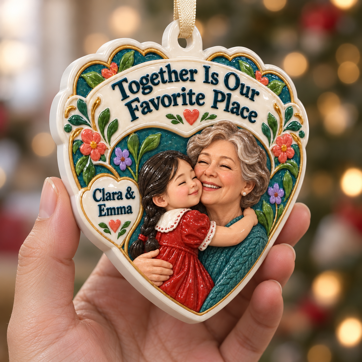 Grandmother and Granddaughter Heart Holiday Keepsake - 3D Relief Ornament