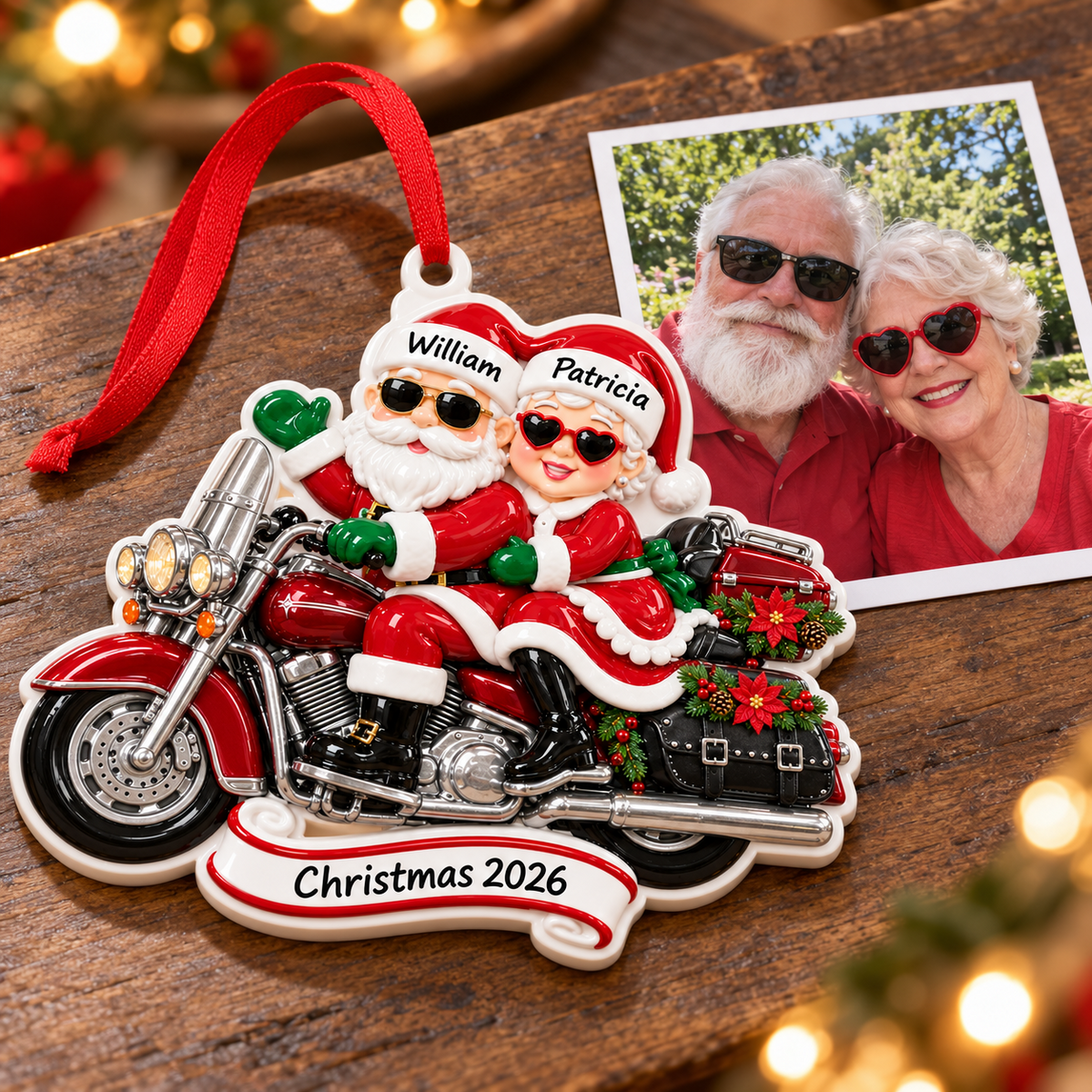 Motorcycle Riding Santa and Mrs Claus Christmas Tree Hanging Decoration - 3D Relief Ornament