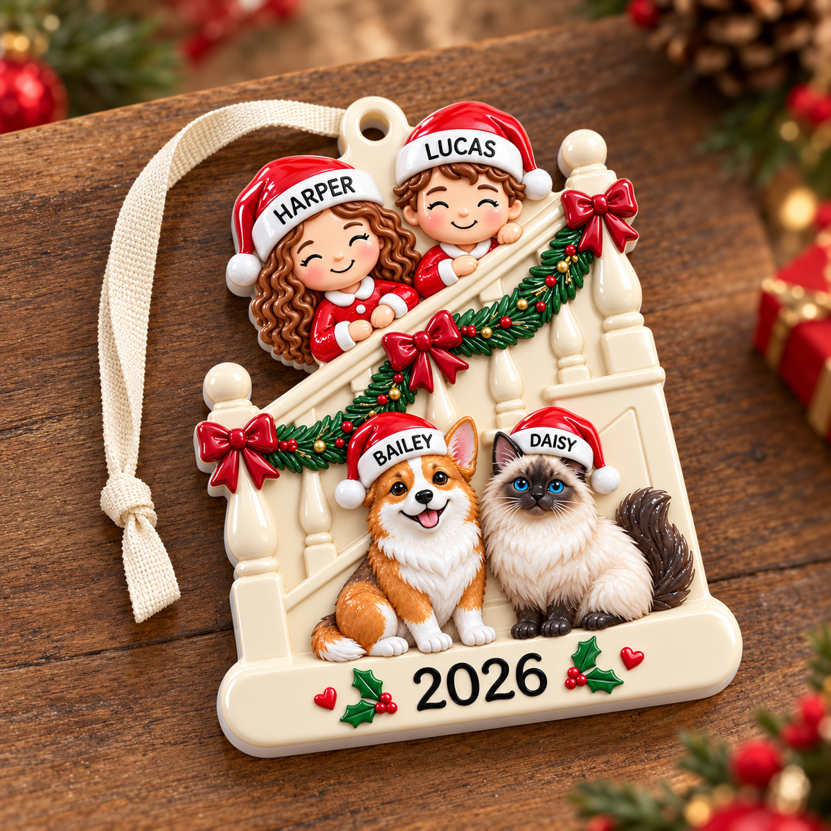 Family Kids with Dog and Cat on Staircase Christmas Holiday Keepsake - 3D Relief Ornament