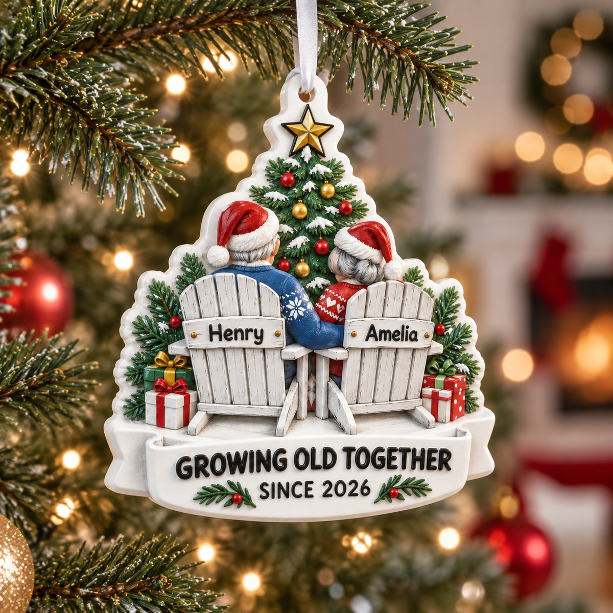 Christmas Tree Hanging Decor Growing Old Together Couple in Adirondack Chairs - 3D Relief Ornament