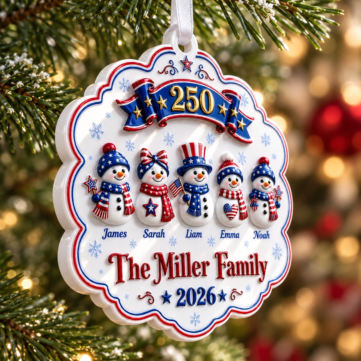 Patriotic Snowman Family of 5 America 250th Scalloped Christmas Hanging Keepsake - 3D Relief Ornament