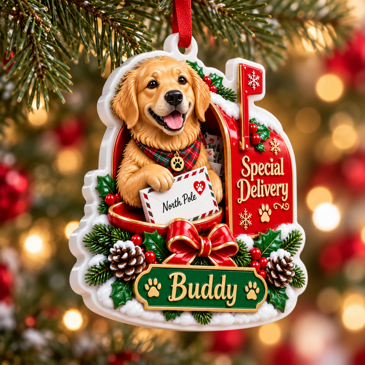 Golden Retriever Dog Christmas Mailbox Special Delivery - 3D Relief Ornament